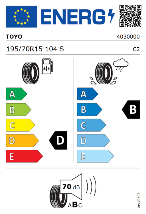 Tyre Label for Toyo Neva 195/70R15 104S