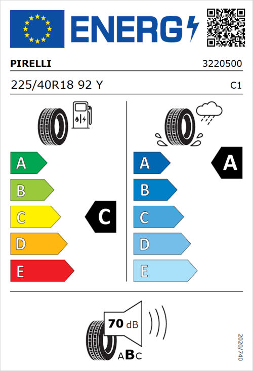 Tyre Label for Pirelli Cinturato P7 (P7C2) 225/40R18 92Y
