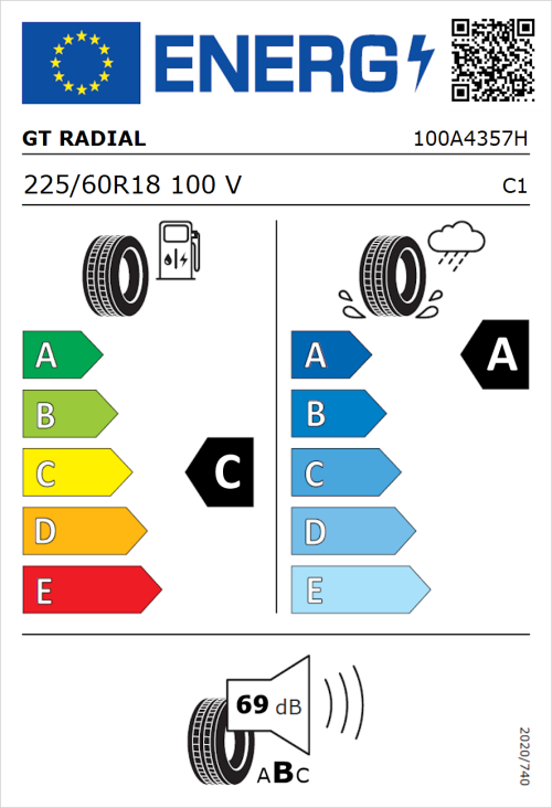 Tyre Label for GT Radial FE2 SUV 225/60R18 100V