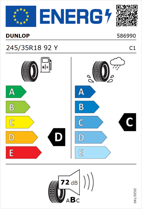 Tyre Label for Dunlop Sportmaxx RT 2 SUV 245/35R18 92Y
