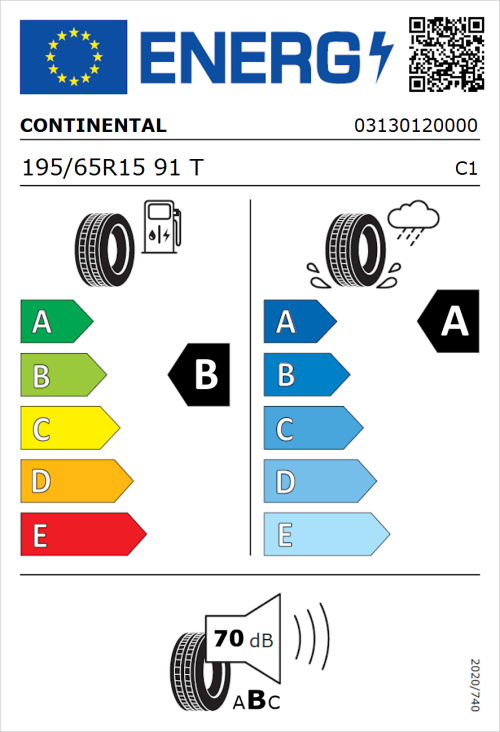 Tyre Label for Continental UltraContact 195/65R15 91T