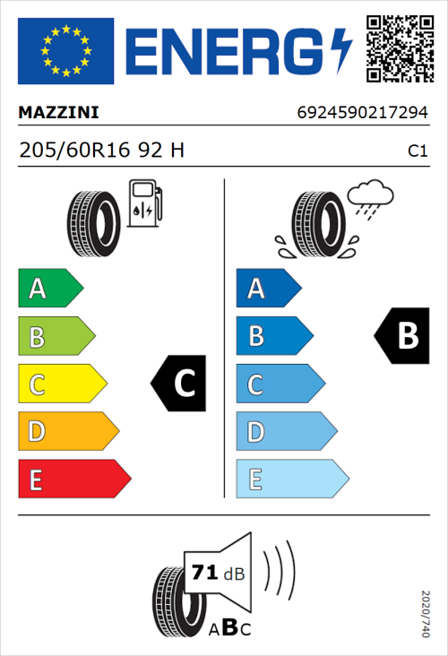 Tyre Label for Mazzini ECO809 205/60R16 92H